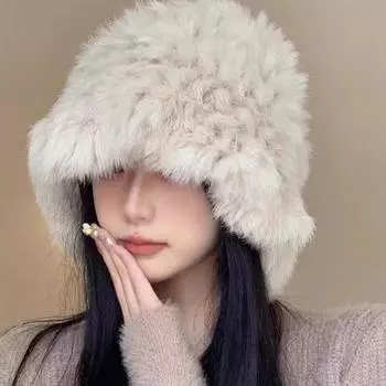 Шапка из эластичного меха кролика белая плюшевая для женщин осень-зима теплая защита ушей шерстяные шапки меховые вязаные шапки M56-58cm бежевый