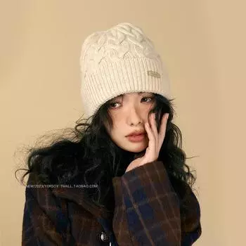 Шапка из чистой шерсти в стиле ретро из крученой шерсти женская осенне-зимняя теплая защитная шапка для ушей бежевая вязаная шапка Elastic (55-59cm)