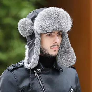 Шапка из кроличьего меха для мужчин, зимние теплые уличные снежные шапки-бомберы head 56to60cm