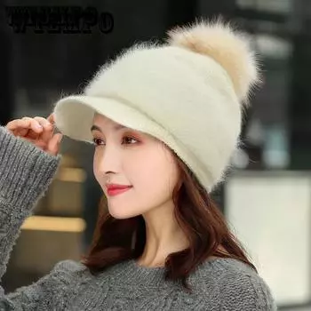 Шапка из кроличьего меха, женская корейская модная универсальная бархатная толстая зимняя теплая шерстяная шапка с утиным языком красный