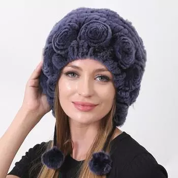 Шапка из кроличьего меха, женская зимняя теплая вязаная кепка с цветочным принтом, женская модная эластичная шапка с плотной подкладкой, уличная шапка Elastic (55-60cm) синий