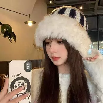 Шапка из кроличьего репейника, женская, новая, плюшевая, шерстяная, осенне-зимняя, теплая, универсальная, милая, повседневная, рыбацкая шапка M (56-58cm) - Rabbit fur vertical strip белый