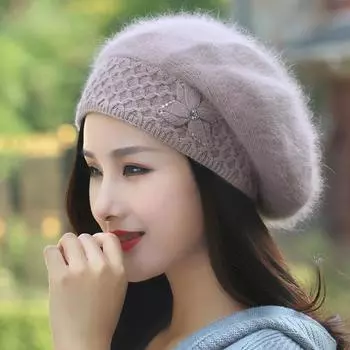 Шапка из кроличьей шерсти для женщин, зимняя утепленная теплая вязаная шерстяная шапка с защитой ушей, корейская мода, береты, трендовые шапки One Size чёрный