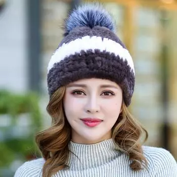 Шапка из кроличьей шерсти для женщин на осень и зиму, теплая двусторонняя шапка из меха кролика рекс, травяная шапка, корейская версия, вязаная шапка из лисьих волос с шаром head(55-59cm)