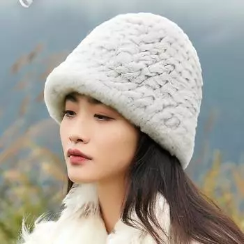 Шапка из кроличьей шерсти Рекс 2024 года, новая женская зимняя мода, теплая шапка-ведро из кроличьей шерсти, повседневная корейская версия молодой меховой шапки One Size(55-60cm) чёрный