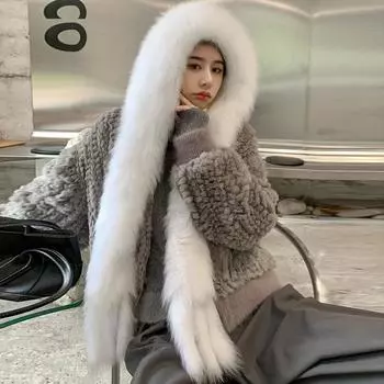 Шапка из лисьего меха, шарф, встроенная женская зимняя теплая шаль, милая и милая шапка от ветра и снега, лыжная шапка, меховая соломенная шапка One Size белый