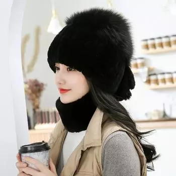 Шапка из лисьего меха женская зимняя корейская версия утолщенная теплая защита ушей универсальная сумка из меха кролика Рекс головной убор берет меховой шарф elastic average size (hat only) светло-серый