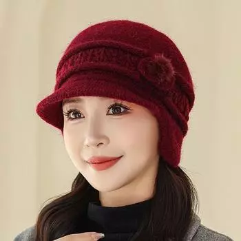 Шапка из меха кролика для людей среднего и пожилого возраста, плотная вязаная шапка, эластичный бархат, защита ушей, теплая шапка рыбака, шапка для матери красный