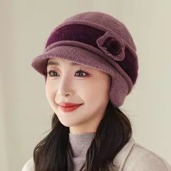 Шапка из меха кролика для женщин, зимняя ветрозащитная, плотная вязаная шапка, подходящая по цвету, цветочная шапка для рыбака темно-фиолетового