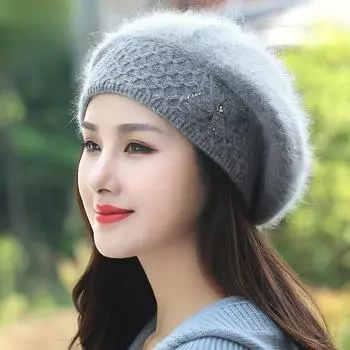 Шапка из меха кролика для женщин зимой толстая теплая защита ушей вязаная шерстяная шапка корейская версия модный берет тренд Adult average size (56-60cm) белый