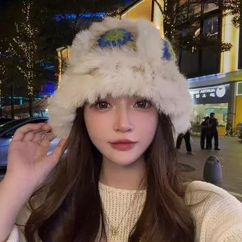 Шапка из меха кролика, осенне-зимняя вязаная шапка в рыбацком стиле, милая плюшевая теплая шапка-ведро с пушистым лицом льва A