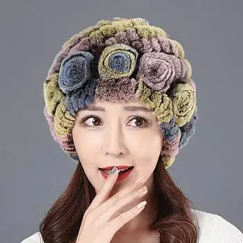 Шапка из меха кролика Рекс, осенне-зимняя, утолщенная, ветрозащитная, теплая, женская, меховая, для матерей среднего и пожилого возраста, защита ушей, цветочная шапка с ананасом one size fits all