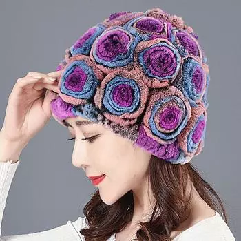 Шапка из меха кролика Рекс, плетеная, для мам среднего и пожилого возраста, утолщенная, теплая, розовая, корейская версия, шерстяная шапка, женская, зимняя Single layer