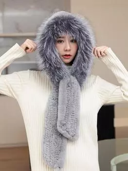 Шапка из меха кролика рекс, шарф из лисьего меха, цельная зимняя женская зимняя шапка, новый меховой теплый универсальный шарф с капюшоном head 55-60cm чёрный