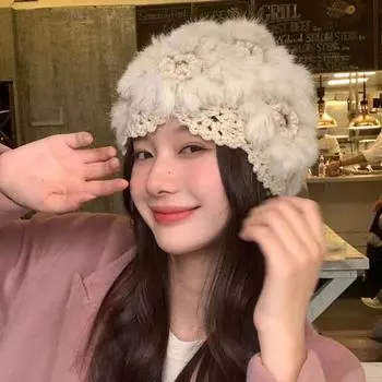 Шапка из меха кролика ручной работы, вязаная крючком, шерстяная, на осень-зиму, женская, универсальная, плюшевая, теплая, модная, в форме купола M56-58cm чёрный