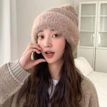 Шапка из меха кролика, вязаная шерстяная шапка, зимняя теплая и холодная шапка, однотонная универсальная шапка с ушками