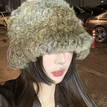 Шапка из меха кролика женская осенне-зимняя теплая и холодная шерстяная шапка с изображением маленького лица меховая защита ушей плюшевая панама M56-58cm янтарь