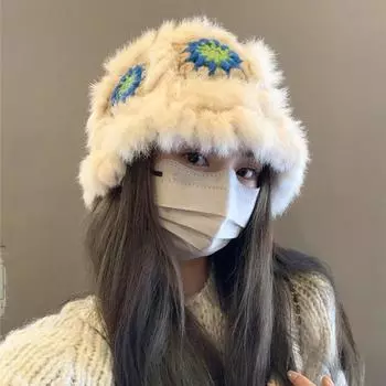 Шапка из меха кролика, женская, осенне-зимняя, симпатичная, плюшевая, теплая, в национальном стиле, шапка в виде льва, чистая, ручная работа, маленькая, в виде головы тигра M56-58cm зеленые хаки