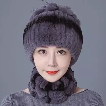 Шапка из меха кролика, женская зимняя мода, универсальная, теплая, зимняя защита для ушей, шарф из меха кролика Рекс, комплект из двух предметов, меховой костюм из меха neck cover