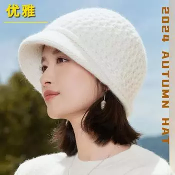 Шапка из меха кролика, женская зимняя, новая, утолщенная, вязаная, шапка-ведро, темперамент, универсальная, большая голова, подходит для защиты ушей, теплая шапка для мамы M56-58cm чёрный