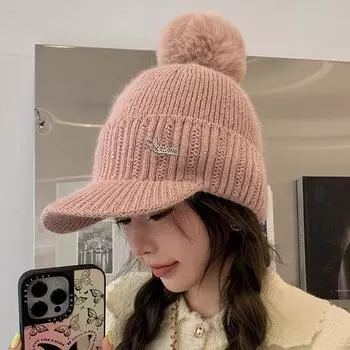 Шапка из меха кролика, женская зимняя теплая вязаная бейсболка с флисом, защитная от холода, универсальная, подчеркивающая маленькое лицо One size серый