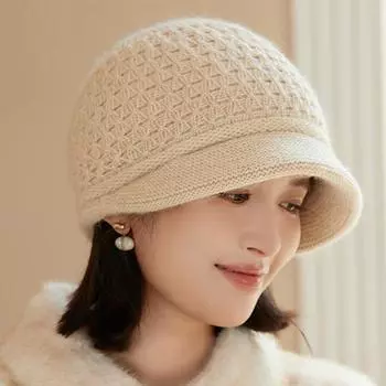 Шапка из меха кролика женская зимняя толстая вязаная шапка рыбака защита ушей теплая шапка для мам бежевый