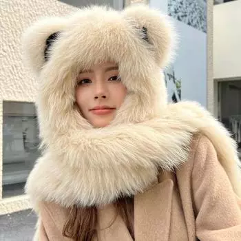 Шапка из меха лисы, шарф из меха медведя, встроенная меховая зимняя шапка для женщин, теплая двухсторонняя, из натурального волоса, мягкая, симпатичная, с ушками, уменьшающая возраст