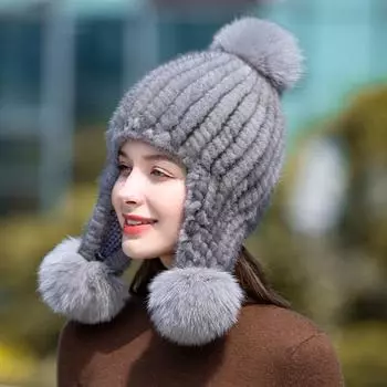 Шапка из меха норки, новая женская милая лисья меховая шапка, вязаная шапка с защитой ушей, уличная теплая шапка из норки 55-59cm чёрный