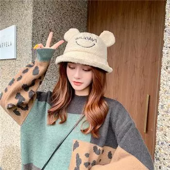 Шапка из меха ягненка, женская милая шляпа-ведро, рыбацкая шляпа для родителей и детей, шапка с ушами розовый