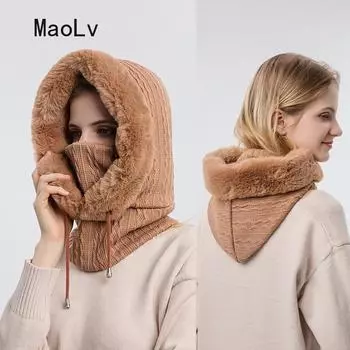Шапка из мягкого зимнего меха, комплект масок с капюшоном для женщин, вязаная кашемировая шея, теплая Балаклава, велосипедная шапка, толстая плюшевая пушистая лыжная ветрозащитная шапка 56-58cm