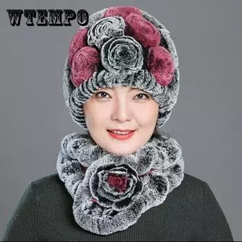 Шапка из натурального меха кролика рекс, меховой шарф, женский зимний костюм из двух предметов, теплая защита ушей, купольная шляпа с цветочным принтом для мамы, шерстяная шапка One size