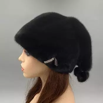 Шапка из натурального меха норки для женщин, зимние теплые шапки с шариками, роскошная черная рождественская шапка, регулируемый размер головы 55-62 см 55-62cm adjustable чёрный