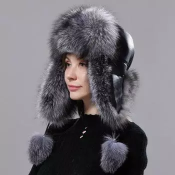 Шапка из натурального меха, женская теплая пушистая шапка-бомбер из натуральной лисы, шапка-ушанка из натуральной кожи, стильная ветрозащитная уличная зимняя шапка-ловушка adjustable(55-60cm) белый