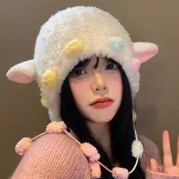 Шапка из плюшевой вязаной шапки с ушками ягненка, женская, на осень и зиму, с милым лицом, маленькая цветная шерстяная шапка, теплая защита для ушей, шапка Lei Feng M56-58cm чёрный