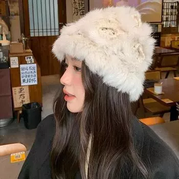 Шапка из пушистой кроличьей шерсти женская зимняя милая пушистая меховая осенне-зимняя утолщенная плюшевая теплая шерстяная вязаная шапка чёрный