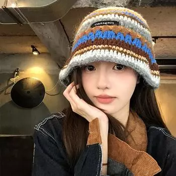 Шапка из шерсти допамина женская осенне-зимняя большая окружность головы показывает маленькое лицо вязаная шапка-ведро милая теплая плюшевая шапка-ведро M56-58cm