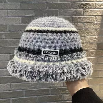 Шапка из шерсти Dopamine, женская, новинка 2025 года, зимняя теплая радужная вязаная шапка, женская зимняя плюшевая шапка-ведро M56-58cm чёрный