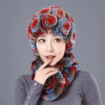 Шапка из шерсти кролика Рекс женская осенне-зимняя шапка для пожилых людей утолщенный теплый шарф меховая защита ушей шапка для мам Hat scarf set чёрный