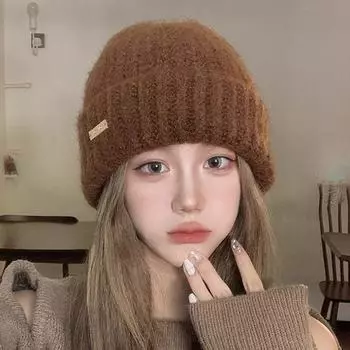 Шапка из шерсти Майяра женская осенне-зимняя утолщенная теплая шерстяная вязаная шапка свободная большая голова защитные уши холодная шапка показывает маленькое лицо One Size (54-60cm) Wool BOWLOW Iron Sheet