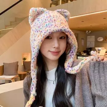 Шапка из шерсти Rainbow Doudou, женская, осенне-зимняя, универсальная, с милым медведем, на шнуровке, для защиты от холода и тепла, для защиты ушей One Size бежевый