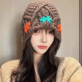 Шапка из шерсти ручной работы, женская, осенне-зимняя, вязаная, теплая, с изображением лица, с маленькими универсальными цветочными ремешками, с защитой ушей, ваза M56-58cm