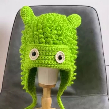 Шапка из шерсти ручной работы женская осенне-зимняя новая персонализированная сделай сам смешная зеленая милая мультяшная мордашка маленькая вязаная шапка мужская M56-58cm зелёный