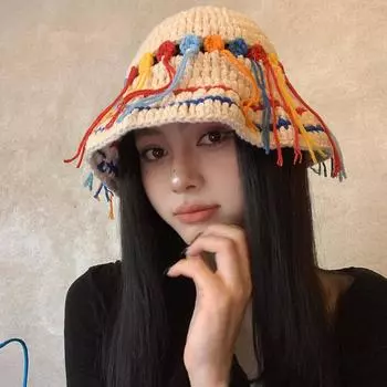 Шапка из шерсти с цветной бахромой, женская, весенне-осенняя, симпатичная, вязаная крючком, универсальная шляпа для лица M56-58cm