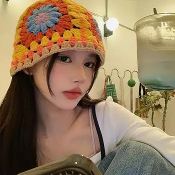 Шапка из шерсти с цветочным узором, женская, осенне-зимняя, вязаная крючком, шапка-тазик с изображением маленького лица, универсальная вязаная шапка M56-58cm