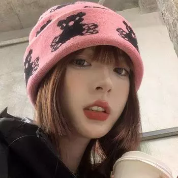 Шапка из шерсти с изображением медведя из мультфильма, женская, осенне-зимняя, теплая, для защиты ушей, вязаная шапка, зимняя, для показа мод, для лица, маленькая сумка, для головы, для холодной погоды, прилив M56-58cm розовый