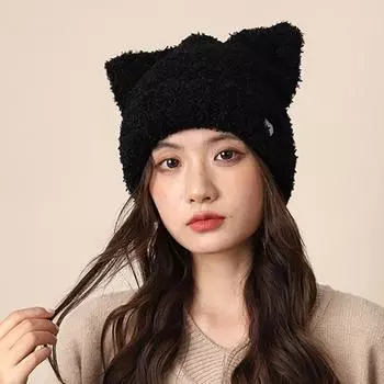 Шапка из шерсти с кошачьими ушками, женская, осенне-зимняя, теплая, симпатичная, вязаная шапка, повседневная, универсальная, мягкая, для девочек, холодная шапка One Size хаки
