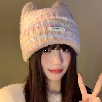 Шапка из шерсти с кошачьими ушками розового цвета, женская, осенне-зимняя, теплая, утолщенная, с маленьким вязаным пуловером, большая окружность головы M56-58cm