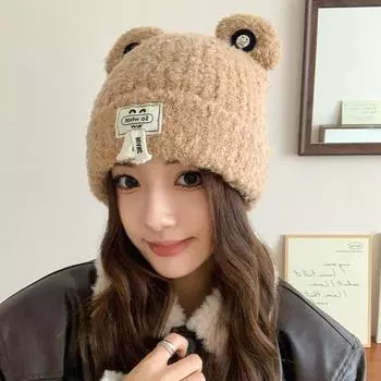 Шапка из шерсти с медвежьими ушками, женская, осенне-зимняя, плюшевая, утолщенная, вязаная, симпатичная, подходящая по цвету, плюшевая, холодная, детская шапка average size (56-58cm) чёрный
