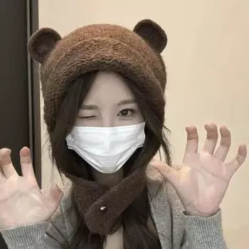 Шапка из шерсти с медвежьими ушками, женская зимняя, с маленьким плюшевым милым протектором для ушей, теплая, с большой окружностью головы, с лямками, холодная шапка чёрный