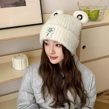 Шапка из шерсти с медвежьими ушками, женская, осенне-зимняя, плюшевая, утолщенная, вязаная, симпатичная, подходящая по цвету, плюшевая, холодная, детская шапка average size (56-58cm) чёрный